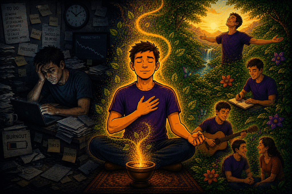 Man overwhelmed by work pressure and burnout finding freedom, creativity and connection through ayahuasca healing in nature