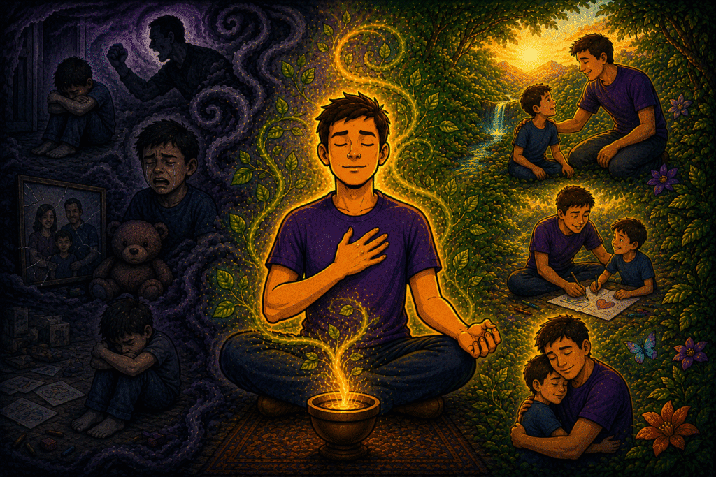 Man healing from childhood pain, family breakdown and neglect — moving into connection, creativity and presence through ayahuasca