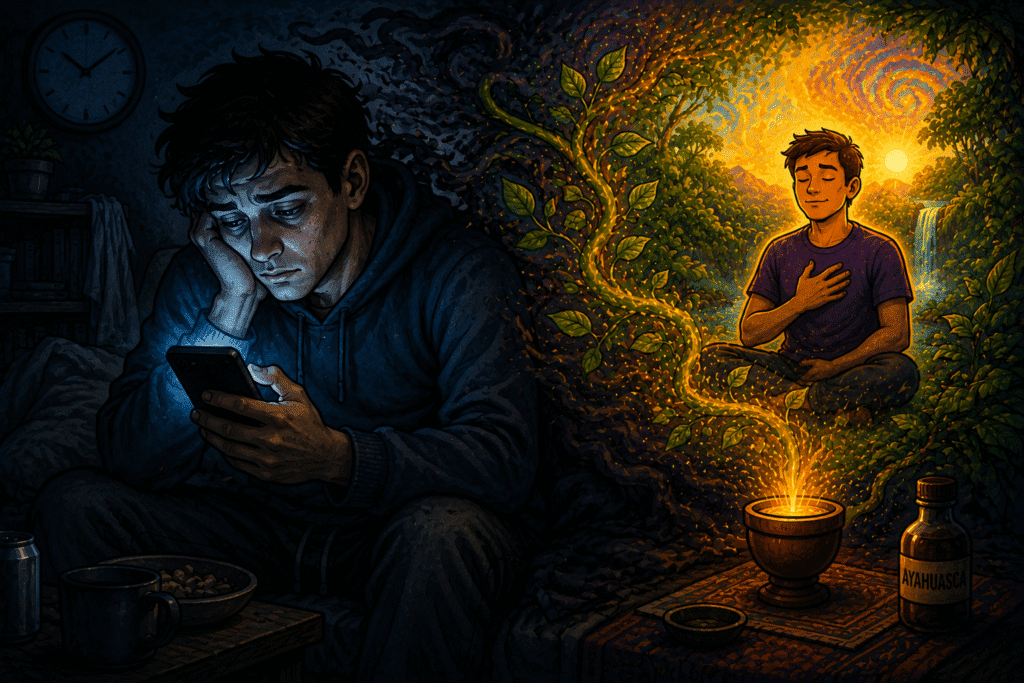 Man trapped in late-night phone addiction finding peace and presence through ayahuasca ceremony in nature