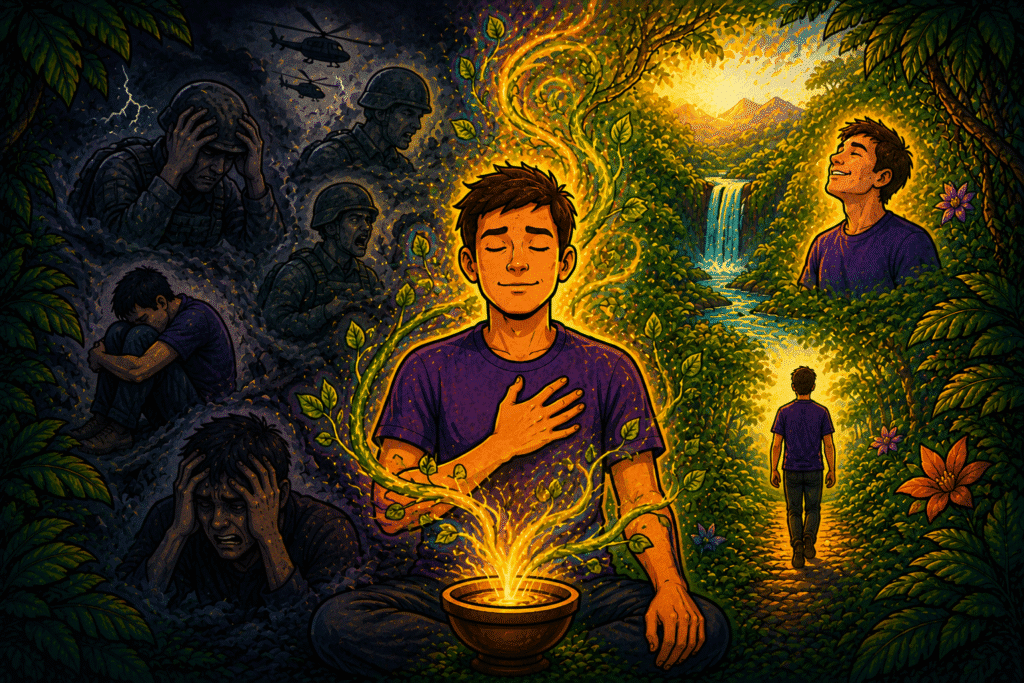 Veteran moving from combat trauma and PTSD into peace and freedom through ayahuasca healing in nature