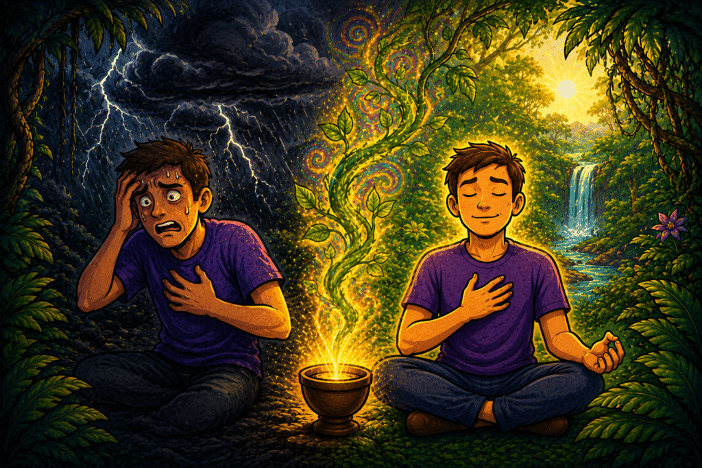Man experiencing panic and anxiety transforming into peaceful meditation through ayahuasca healing