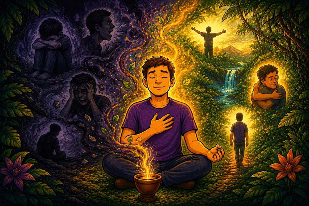 Man moving from isolation and trauma into peace, self-compassion and freedom through ayahuasca healing