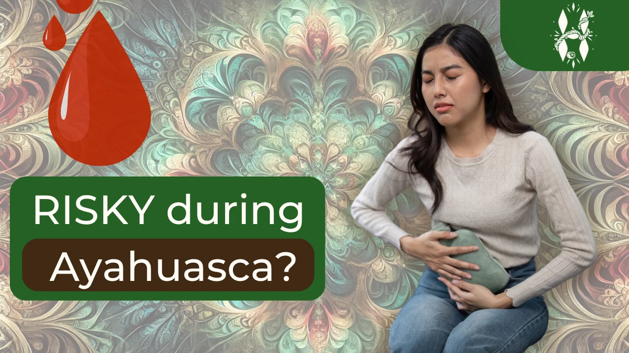 Drinking ayahuasca on your period Woman holding a hot water bottle against period cramps beside a blood drop and the question RISKY during Ayahuasca? on a patterned background