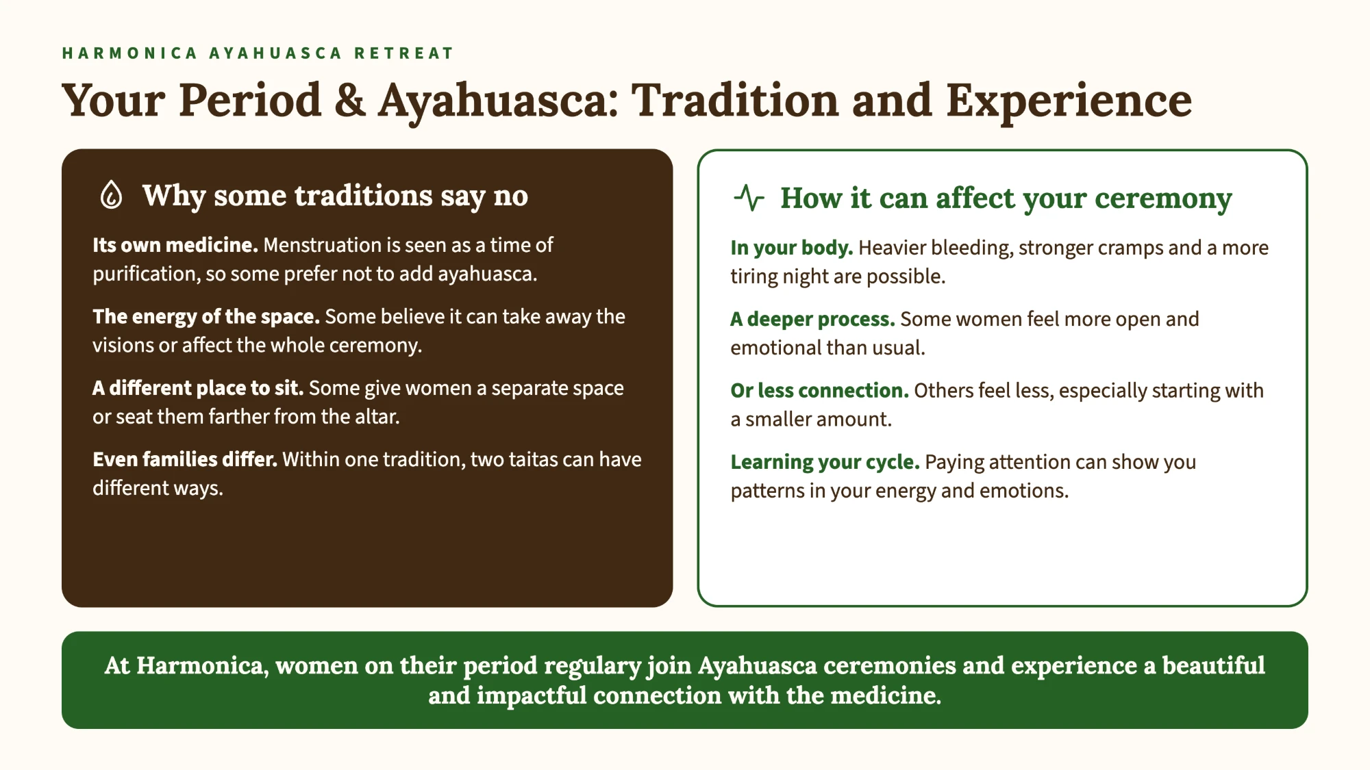 Your period and ayahuasca: tradition and experience Ayahuasca and your period infographic: why some traditions say no (menstruation as its own medicine, the energy of the space, a separate place to sit, even families differ) and how your period can affect an ayahuasca ceremony (heavier bleeding and cramps, a deeper or less connected process, learning your cycle)